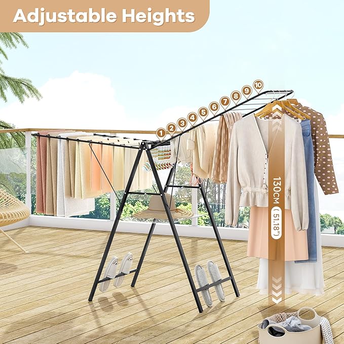 APEXCHASER Clothes Drying Rack Foldable, Metal Laundry Drying Rack with Height Adjustable Rails, Ultra Thin Drying Rack Clothing Towel Sweater Shoe for Indoor Outdoor, Gullwing Clothes Airer, Black