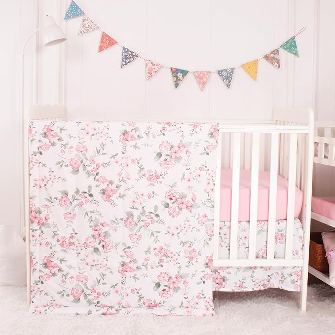 CaSaJa Baby 3-Piece Crib Bedding Set for Boys Girls, Including Soft Quilted Comforter(Blanket), Fitted Crib Sheet and Skirt, Soft Nursery Bedding Set Made of Silky Comfy Materials, Watercolor Floral