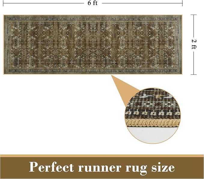 2x6 Washable Kitchen Runner Rug for Hallways, Non Slip Laundry Runners for Bathroom, Low Pile Rubber Backed Rugs for Entryway, Vintage Floral Carpet for Living Room Bedroom Brown/Yellow