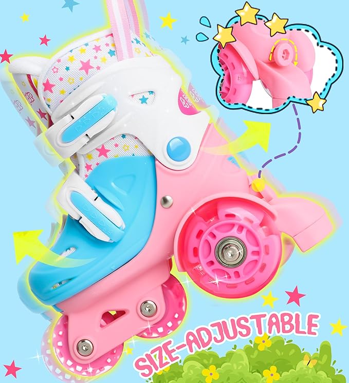 Adjustable Roller Skates for Kids Girls Ladies with Light Up Flash LED Wheels(Age 3-9),Three-Point Type Balance,Gift Box Packing for Toddlers,Children