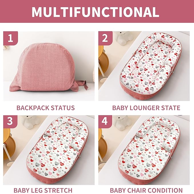 Baby Lounger, Foldable Infant Nest Pillow with Soft Memory Foam Mat, Cover with Adorable Pattern, Converts to Backpack for Easy Travel, 0-12 Months, Pink