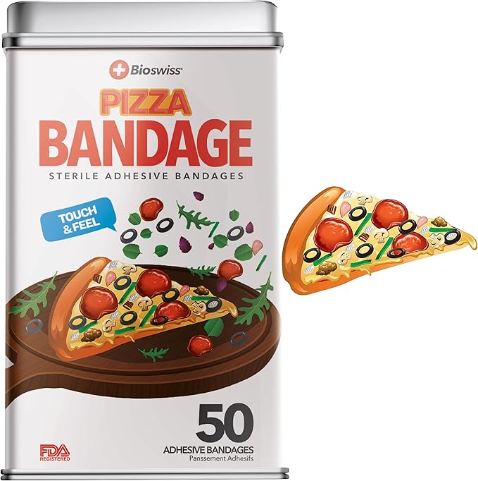 BioSwiss Bandages, Pizza Shaped Self Adhesive Bandage, Latex Free Sterile Wound Care, Fun First Aid Kit Supplies for Kids, 50 Count