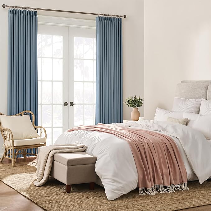 KEQIAOSUOCAI Dusty Blue Pleat Wide Width Drapes 80 x 108 inch Long 2 Panels - Thermal Insulated Room Divider Curtains for Bedroom/Living Room/Patio, Pinch Pleated Curtain Panel with Hooks