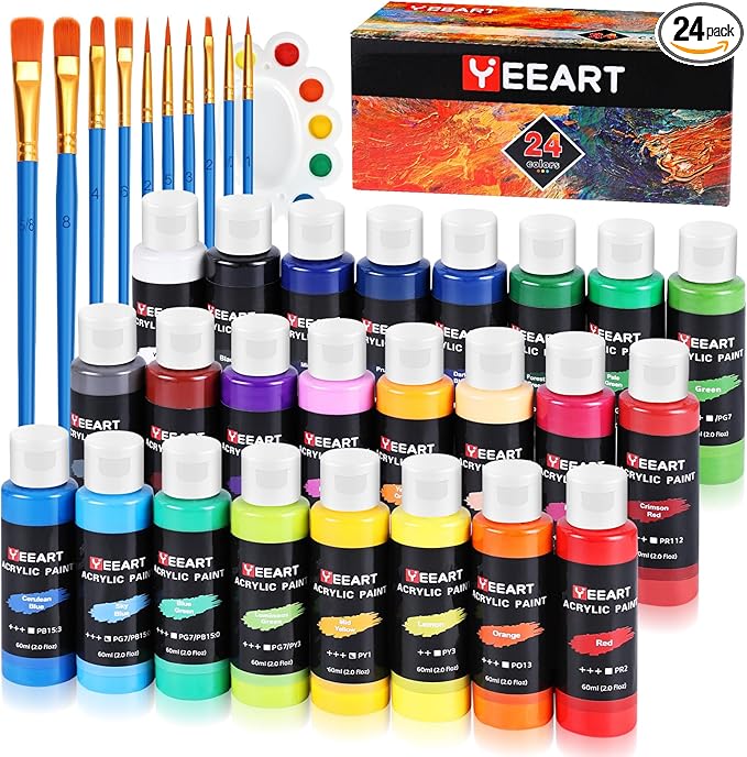 24 Colors Acrylic Paint Set, 2oz Bottles Classic Color, Rich Pigmented Canvas Paint Set, Premium Non-toxic Acrylic Paint for Artists, Kids & Adults, Art Supplies for Canvas Painting Rocks Wood Ceramic Model with 10 Brushes & Palette