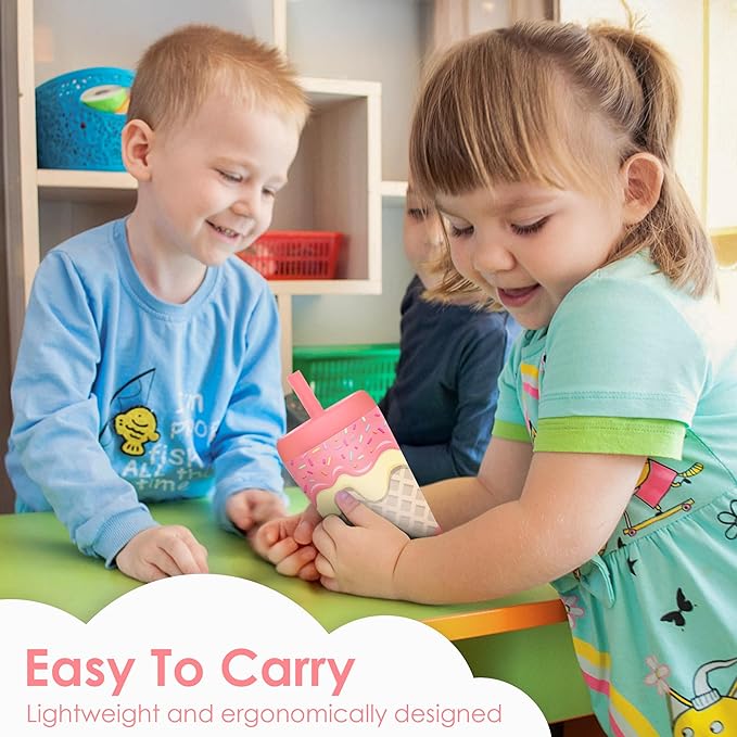 Kid Insulated Stainless Steel Tumbler with Silicone Straw, 12oz Sippy Cup for Kids (Sweet Ice Cream)