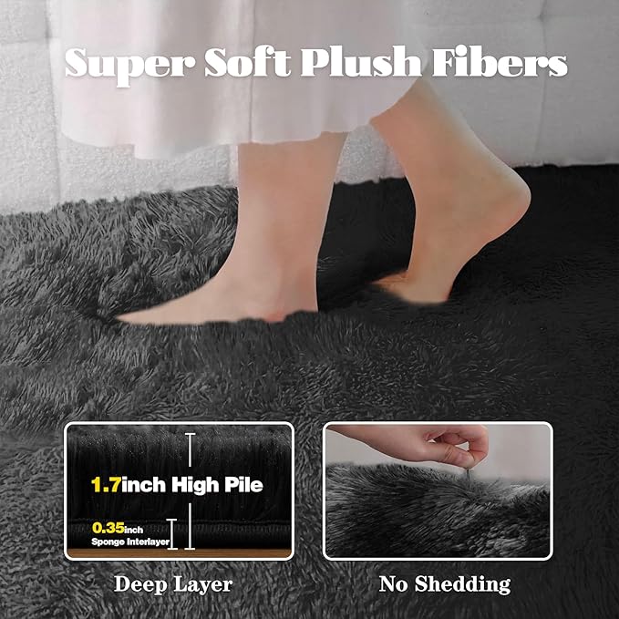 6x9 Area Rug for Living Room: Fluffy Shag Soft Washable Rugs Large Fuzzy Plush Indoor Carpet for Bedroom Nursery Playroom Kids Girls Boys Room (Black, 6'x9')