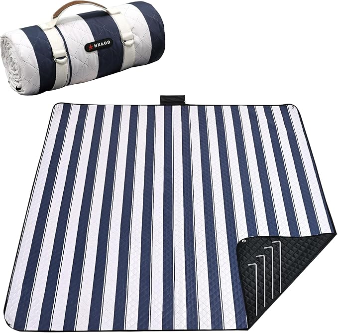 HX&OD Outdoor Picnic Blanket Extra Large, 80''*60'' Waterproof Picnic Mat with Stakes Foldable Camping Blanket Portable with Carry Strap for Beach Mat (Green& White, 80''*60'')