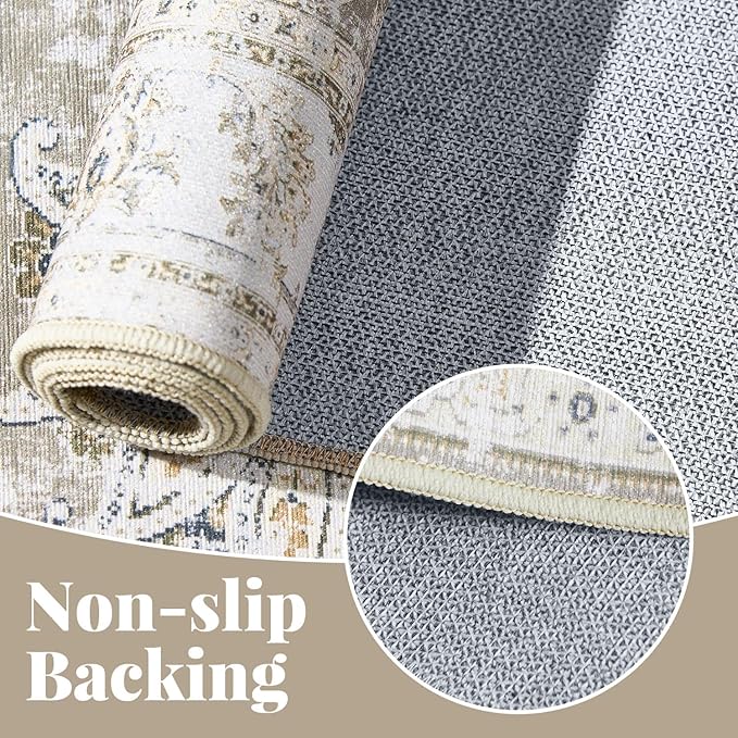 jinchan Hallway Runner Rug 3x10 Machine Washable Runner Rug Taupe Vintage Floral Design Non-Slip Low Pile Ultra-Thin for Kitchen Laundry Room Bedroom Farmhouse (3‘x10',Taupe)