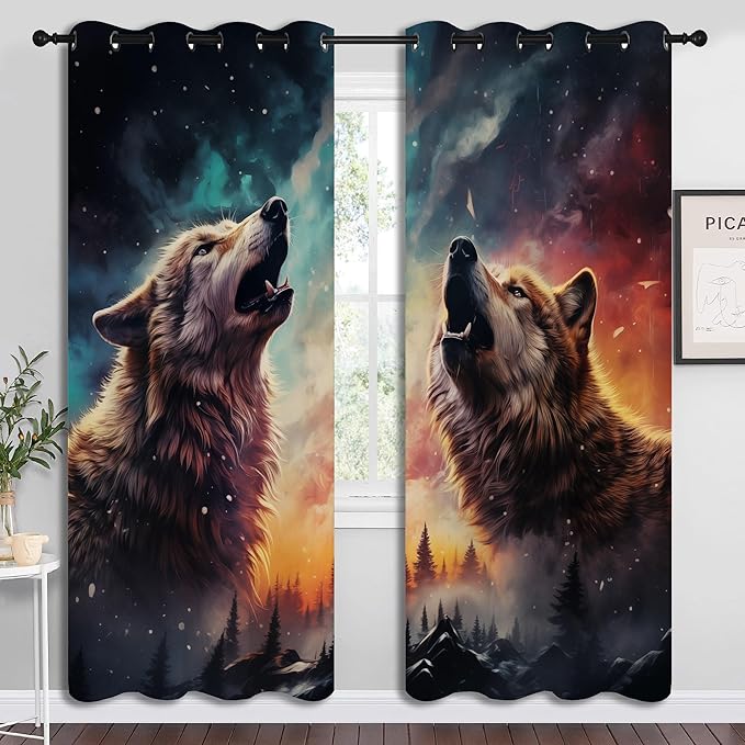 Fantasy Wolf Blackout Curtains for Boys Girl Bedroom Decor,Colorful Galaxy Misty Forest Wildlife Thermal Insulated Grommet Drapes Darkening Window Curtain for Living Room Home 84x63 inch