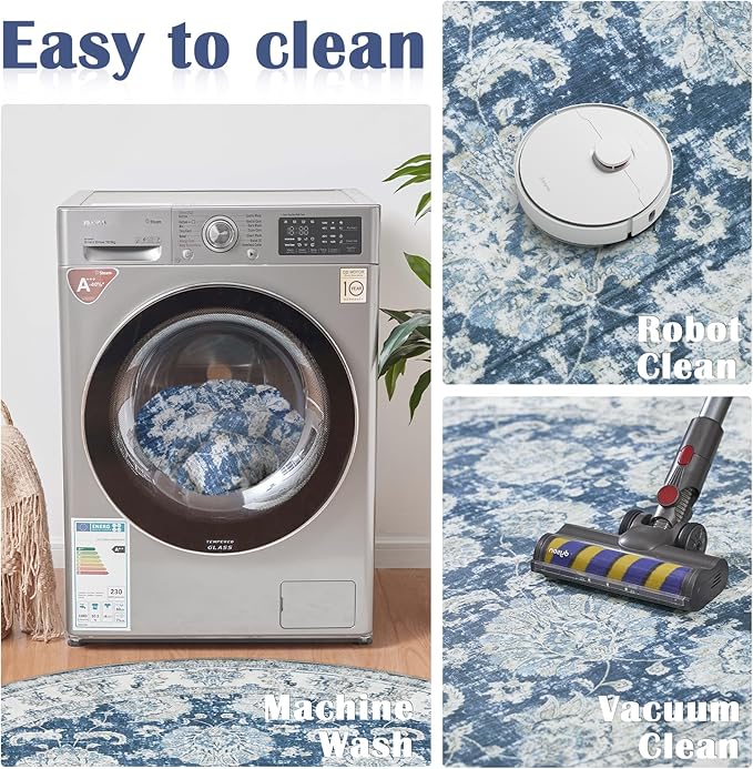 jinchan Round Rug 7ft Area Rug - Dark Blue Vintage Floor Mat Kitchen Indoor Ultra-Thin Soft Floral Print - Washable Circle 7' Retro Accent for Farmhouse Non Slip Dining Room Living Room Bedroom Office