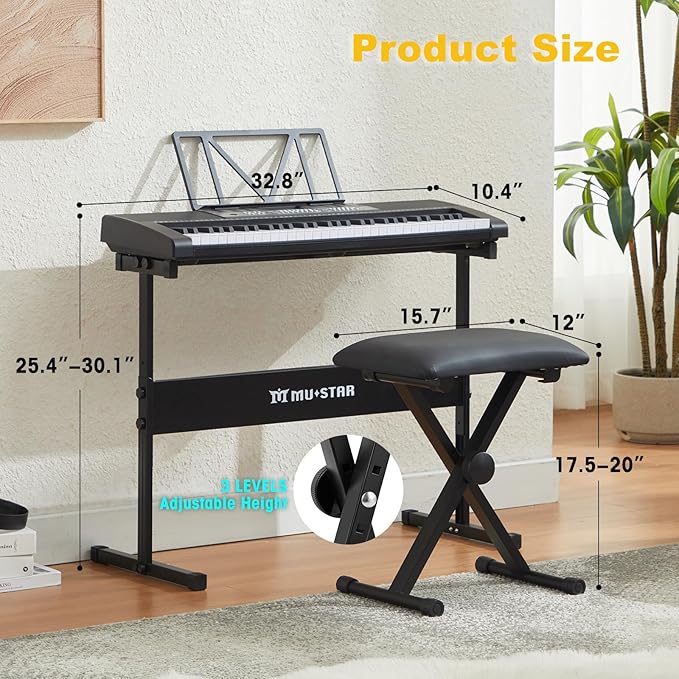 61 Key Piano Keyboard, Electric Keyboard Piano with Light-Up Keys, 255 Tones/Rhythms, Smart Learning System, Headphone, Microphone, Keyboard Stand, Stool, Stickers, Piano Keyboard Set for Beginners