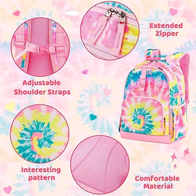 Choco Mocha Tie Dye Backpack for Girls, Elementary School Backpack for Girls Ages 6-8 Kids Kindergarten Backpack Bookbag 17 Inch with Chest Strap, Colorful