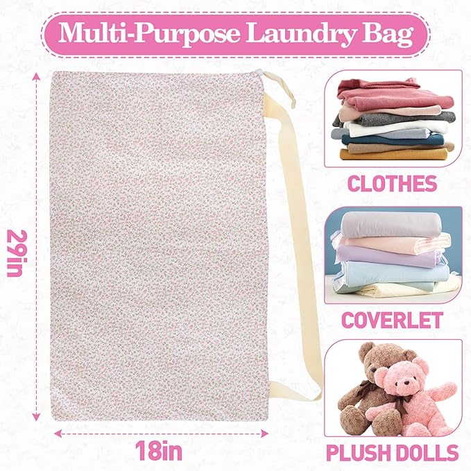 College Laundry Bag, Dirty Clothes Laundry Bag With Drawstring Handles For College Dorm Laundromat Apartment Travel Camp 29" X 18" Women Girls Back To School Birthdays Gift, Pink Florals