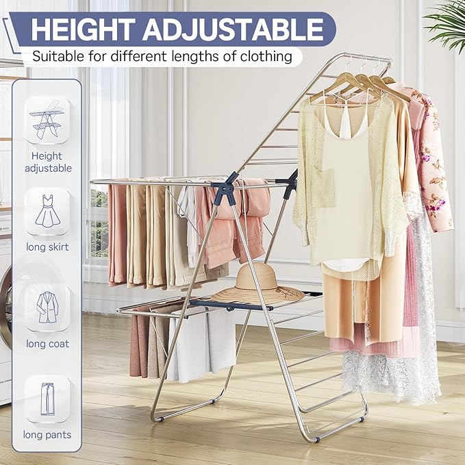 APEXCHASER Clothes Drying Rack with 4 Wings, Stainless Steel Drying Rack Clothing with Height-Adjustable, Foldable Gullwings Laundry Drying Rack, Indoor Outdoor Use, No Assembly, Blue