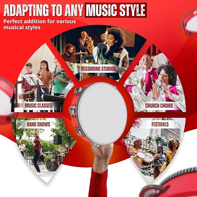 Flexzion Wood Handheld Tambourine for Kids - 8 & 6 Inch Set of 2 Pack, Double Row 12 Pair Metal Jingles, Percussion Drum Moon Musical Instrument (Red)