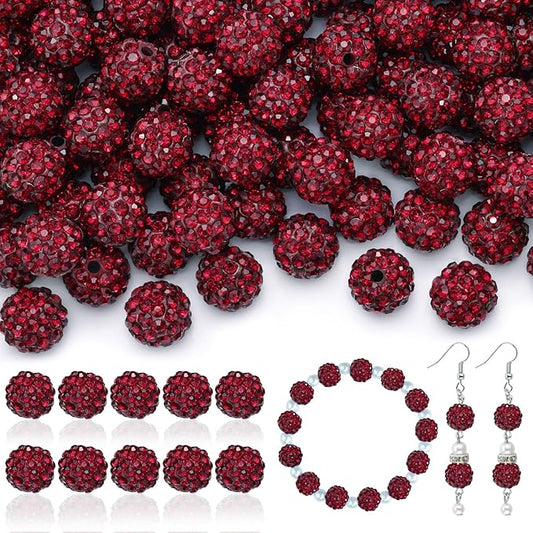 160pcs 10mm Rhinestone Beads for Jewelry Making, Dark Red Shiny Round Disco Ball Beads Bulk, Sparkle Crystal Clay Christmas for Bracelet Baseball Necklace Earring Crafting and DIY