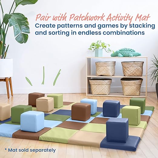 ECR4Kids SoftZone Patchwork Toddler Building Blocks, Foam Cubes, Earthtone, 12-Piece