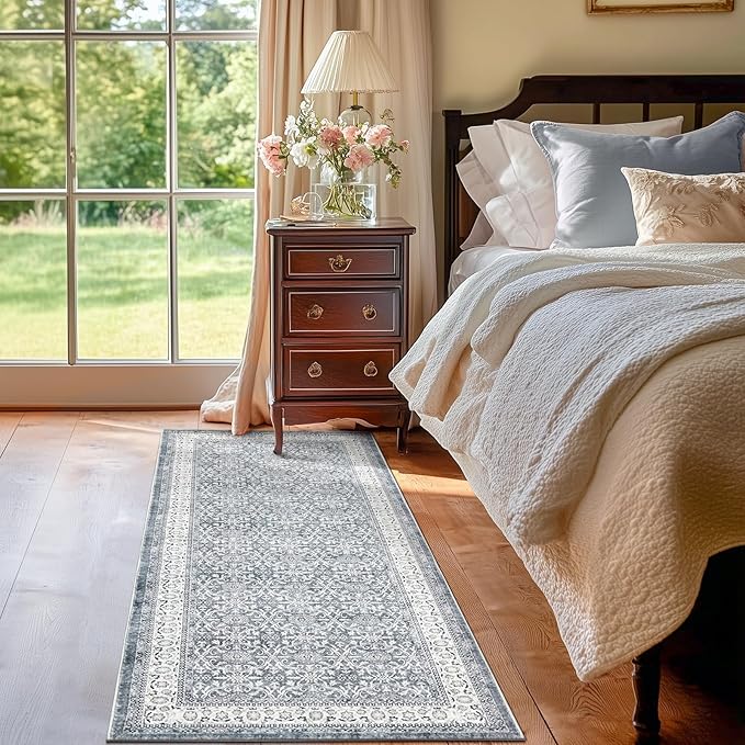 jinchan Runner Rug 2x6 - Machine Washable Grey Vintage Floral Distressed Design Soft Non-Slip Low-Pile Ultra-Thin Runner Rug for Kitchen Hallway Laundry Room Entryway Farmhouse (2‘x6',Grey)