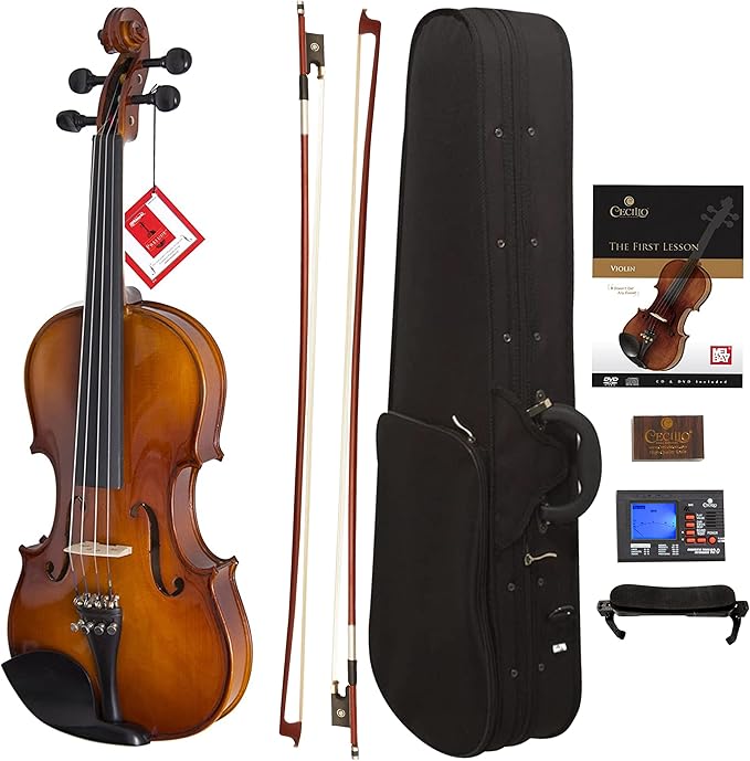 Cecilio 3/4 Violin Solidwood Violin with D'Addario Prelude Strings, Bow, Rosin, Tuner, Shoulder Rest & Lesson Book – Ideal for Beginners