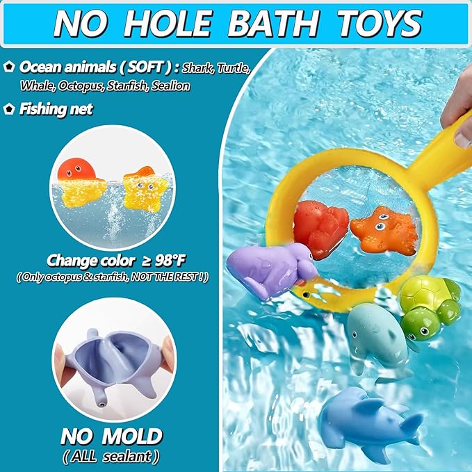 No Hole Bath Toys for Babies 0-6-12 Months+, Wind-up Swimming Ducks & Boat Bath Toys for Kids Ages 1-3, Baby Pool Toys Fishing Net Water Toys Watering Can, Toddler Bath Toys for 1+ Year Old Boy Girl