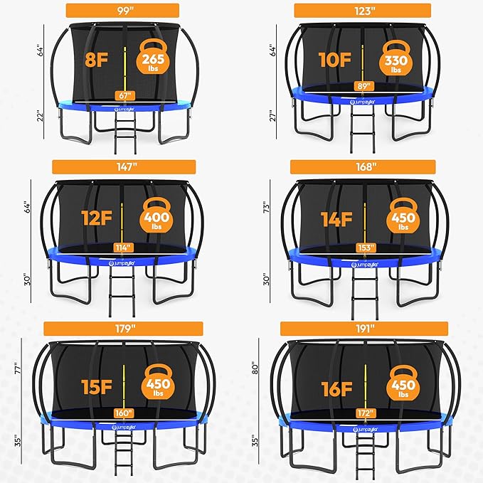 JUMPZYLLA Trampoline Outdoor 8FT 10FT 12FT 14FT 15FT 16FT with Enclosure and Ladder, ASTM Approved Recreational Trampoline for Kids and Adults, Anti-Rust Coated Frame