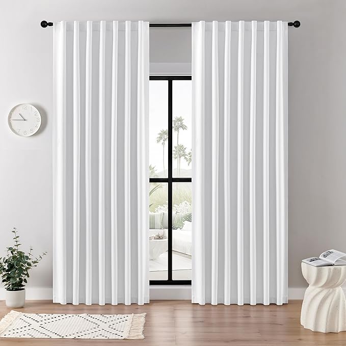 Joydeco Faux Linen Blackout Curtains for Bedroom,White Blackout Curtains 90 inches Long,100% Blackout Solid Thermal Insulated Window Drapes Luxury Decor for Living Room（W52xL90 Inch,White）