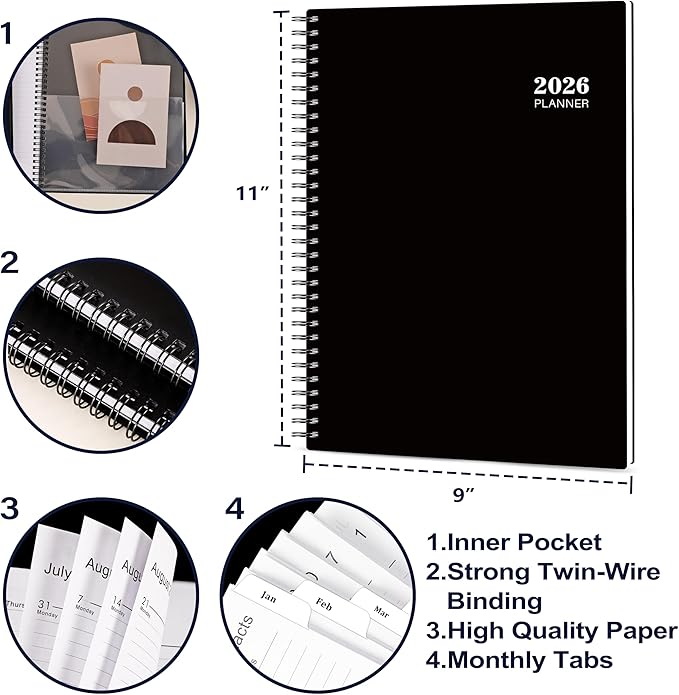 2026 Planner - 9” × 11”, 2026 Weekly and Monthly Planner, from JAN. 2026 to DEC. 2026, Inner Pocket, Premium Paper, Twin-wire Binding, Make Your Life Productive - Black