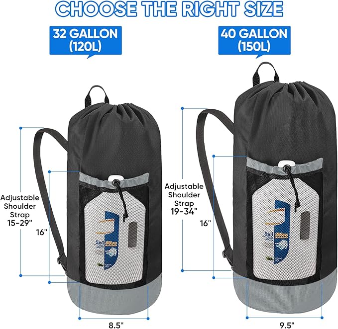 BALEINE 150L Laundry Bag Backpack, 900D Oxford Fabric Large Travel Laundry Bags with Shoulder Straps and 2 Mesh Pockets for College Dorm, Apartment, Laundromat (Black, 150L)