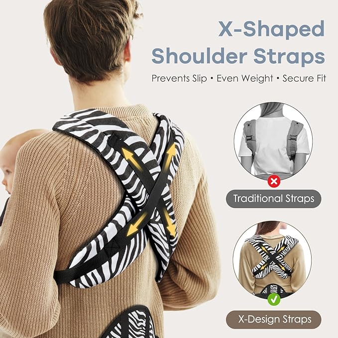 Baby Carrier with Lumbar Support, Cozy Baby Carrier Newborn to Toddler with Adjustable Seat Size, Ergonomic Infant Carrier with 3-Way Carry, Front Facing Toddler Hodler Carrier for Mom & Dad, Zebra
