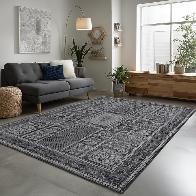 9x12 Area Rug Living Room Rugs, Stain Resistant Washable Rug, Vintage Large Non-Slip Backing, Low Pile Lightweight Print Rug for Bedroom Dinning Room Home Office (Grey)