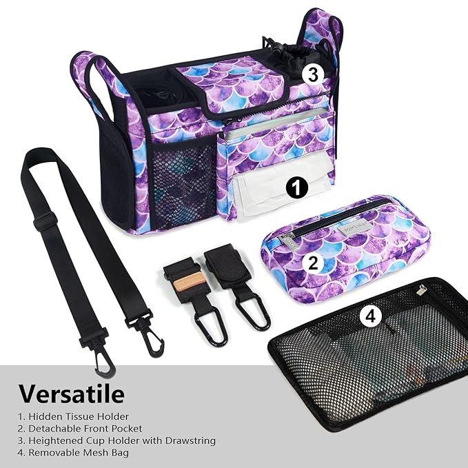TOPDesign Universal Baby Stroller Organizer, Stroller Caddy with Detachable Mesh Bag & Heightened Insulated Cup Holders & Non-Slip Secure Hooks Accessories, Fits Most Strollers (Mermaid)