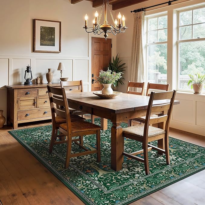 Joydeco Floral 5x7 Area Rugs for Living Room, Boho Dark Green Washable Rug Non Slip, Soft Low-Pile Botanical Forest Indoor Floor Throw Carpet for Office Dining Table Playroom Dorm