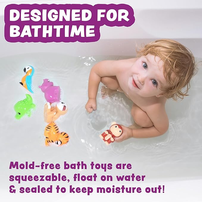 Tub Works® Rainforest™ Mold Free Bath Toys, 6 Pack | Sealed, No Hole Bath Toys Design Keeps Moisture Out | Soft, Squeezable & Float on Water | Easy-Grip Baby & Toddler Bath Toy | Great Baby Pool Toys