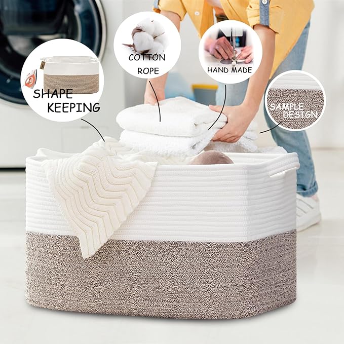 COMFY-HOMI Large Laundry for Organizing|Rectangle Cotton Rope Storage with Handles|Blanket for Living Room|Woven Laundry for Towels, Toys, Clothes-22x15x12”-White/Brown