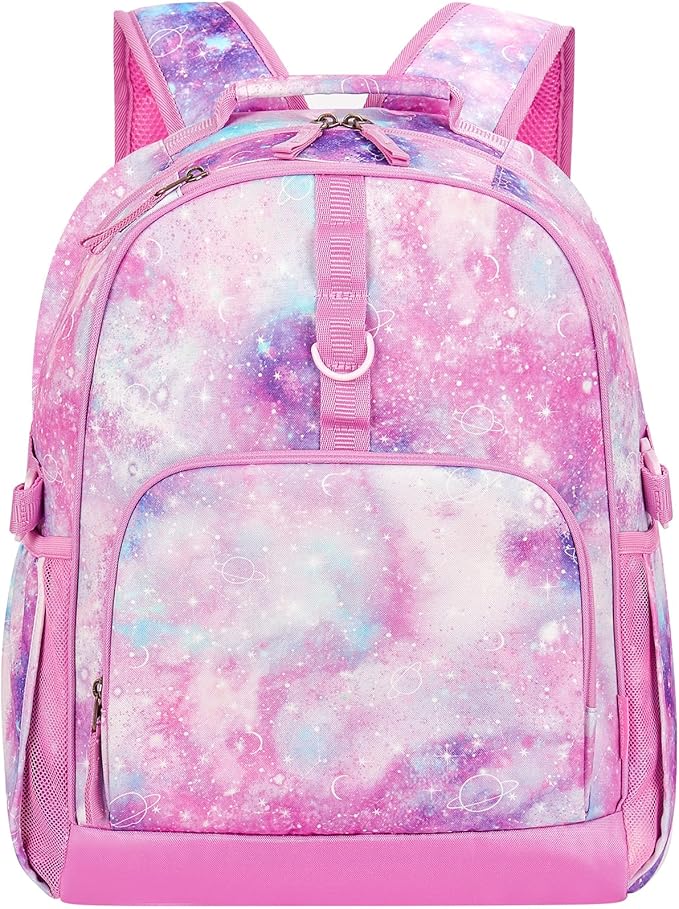 Choco Mocha Galaxy Backpack for Girls, Elementary School Backpack for Girls Ages 6-8 Kids Kindergarten Backpack Bookbag 17 Inch with Chest Strap, Pink