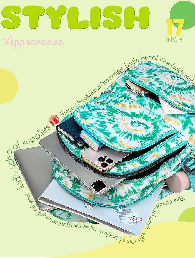 BLUEFAIRY Kids Backpack for Girls Elementary Primary Middle School Bags for Aged 8-10 for Teens Childs Bookbags Back to School Book Bags Gifts Mochilas para Niñas de 6 7 8 9 10 Años Tie-dye Green