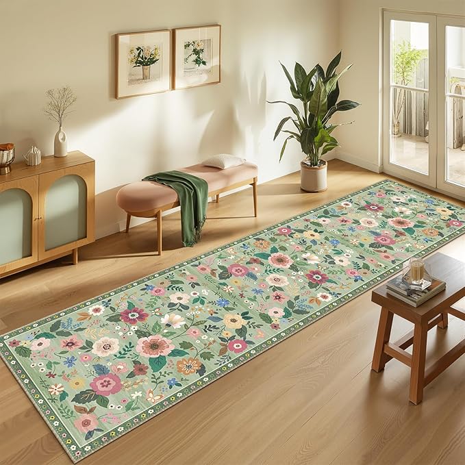 Floral 2x10 Area Rug Machine Washable Soft Print Boho Carpet Non Slip Doormat Low Pile Flower Area Rugs for Living Room Bedroom Nursery Kitchen Dining Room Indoor-Light Green