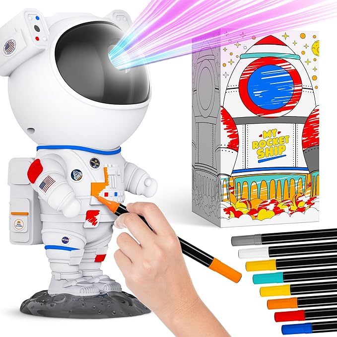Color My Astronaut Galaxy Projector - DIY Spaceman Night Light with Acrylic Markers Kit & Space Stickers - Paint Your Own Lamp - Arts and Craft for Kids Ages 4-8 - Unique Gift for 5-10 Year Old Boys