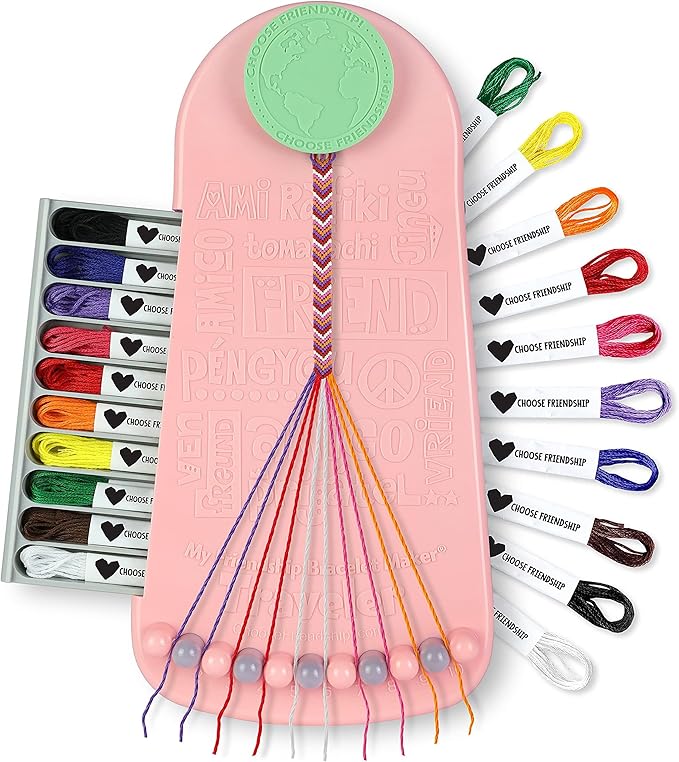 Choose Friendship Bracelet Making Kit – 20 Pre-Cut Threads, Portable Loom with Storage, Makes 8 Bracelets, Craft Gift for Kids Ages 8+, Blush Pink “Macaroon”