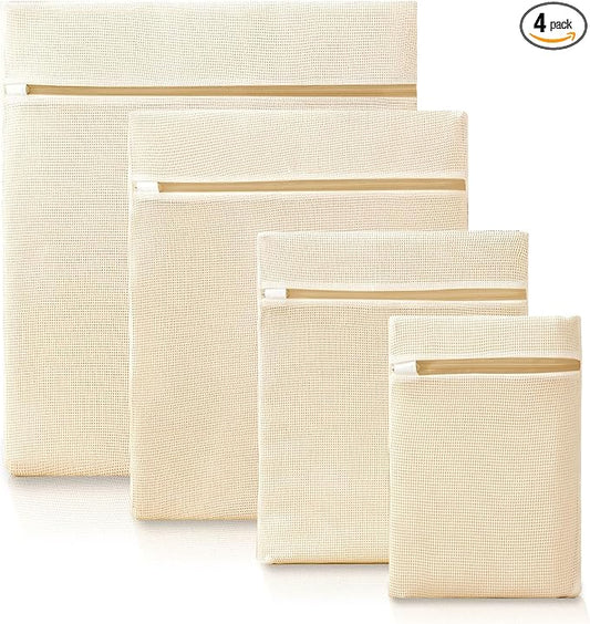 4Pcs Cotton Mesh Laundry Bags for Delicates,Breathable Mesh Garment Bag for Washing Machine, Travel Wash Bags with Zipper for Bras, Underwear, Socks, Clothes, Laundry Dorm Room Essentials(S-XL)