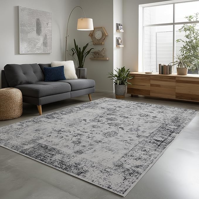 4x6 Washable Area Rug for Living Room, Carpet for Bedroom, Soft Faux Wool Retro Dining Room Rug, Non Slip&Non-Shedding Resistant Low Pile Vintage Print Rug for Home Office (White/Grey)