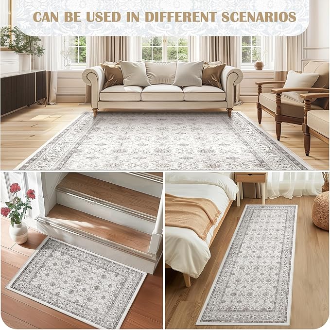 jinchan Floral 2x3 Rugs for Entryway - Machine Washable Beige Vintage Distressed Boho Design Soft Faux Wool Small Non-Slip Doormat for Entrance Kitchen Living Room Bedroom Farmhouse (2‘x3',Beige)