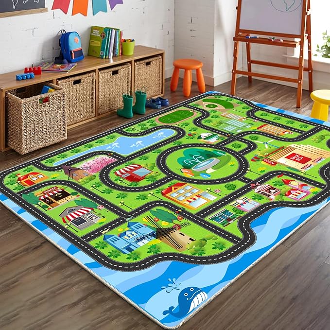 Car Rug,Kids Play Rug with Roads,Playroom Toy Car Rug, Car Track Rug City Map for Bedroom Classroom - (59X39.4 Inches)