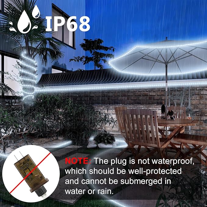 Connectable 66ft 800 LED Rope Lights Outdoor, Cool White Strip Lights Plug in, Outdoor String Lights Waterproof Decorative Lighting for Deck Patio Yard Garden Pathway Pool Camping Room Indoor Décor