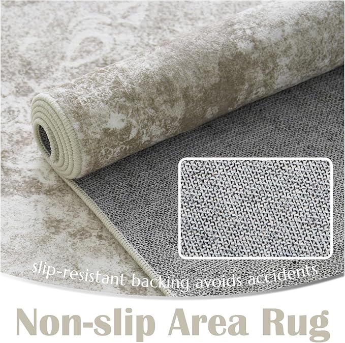 jinchan Washable Area Rug 3x5 Entryway - Soft Distressed Vintage Floral Indoor Bedroom Rug Faux Wool Low Pile Small Oriental Accent Carpet for Kitchen,Entrance,Bedside,Dining Room(Brown,3'x5')