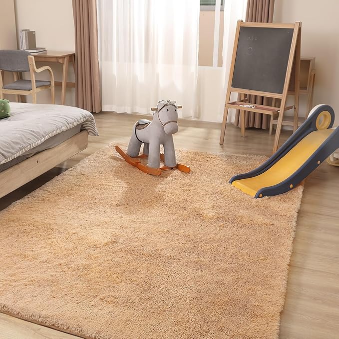 Area Rug 4x5.8, Ultra Soft Rugs for Living Room, Plush Carpet Rugs for Bedroom, Non-Slip Indoor Rug for Nursery, Study Room, Playroom, Home Decor, Camel