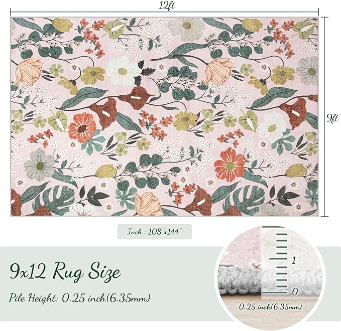 9x12 Area Rug for Living Room: Vintage Floral Washable Rug Soft Boho Non Slip Carpet Large Indoor Floor Non Shedding Low Pile Thin Carpets for Bedroom Dining Room Farmhouse Nursery Home Light Pink
