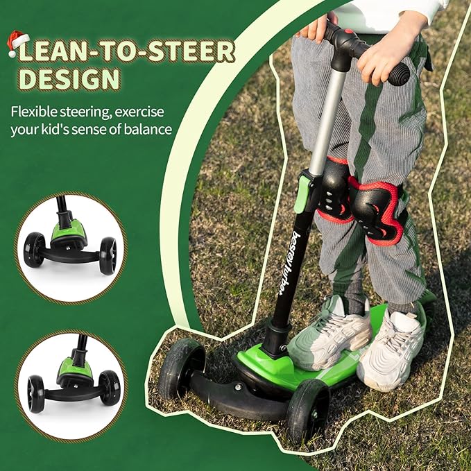 Besrey Kick Scooter for Kids Ages 3-10, 3-Wheel Folding Scooter with Adjustable Height, LED Light Wheels, Extra Wide Deck for Outdoor Activities
