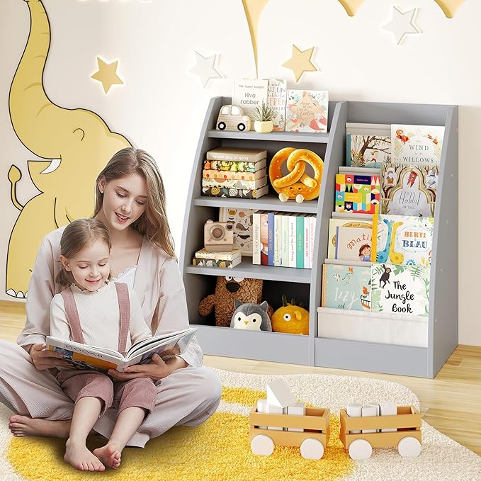 4 Tier Kids Bookshelf Set of 2,4 Layer Sling Kids Book Shelf for Kids Rooms,Wood Children Bookcase,Baby Storage Book Rack,Toddler Bookshelf, Book and Toy Organizer,Book Display Shelf for Nursery