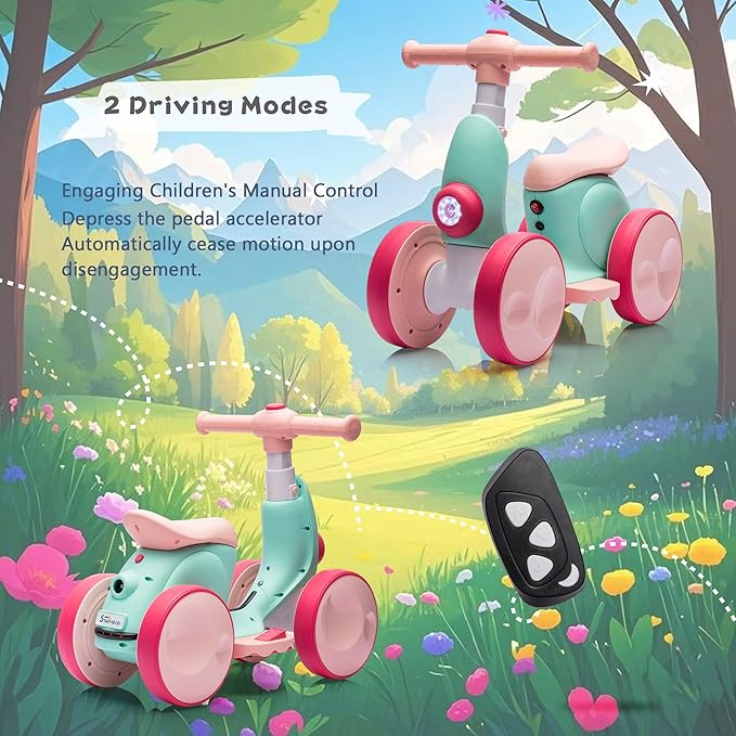 6V Electric Baby Balance Bike for 1 Year Old Boys Girls Ride on Toys 12-48 Months Toddler Balance Bike, 4 Wheels Kids First Bike with Remote Control First Birthday Gifts- Green&Red